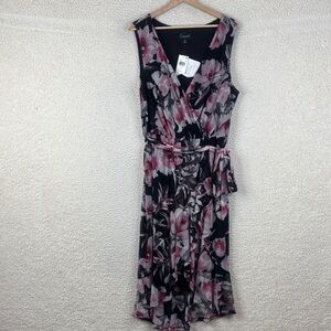 NWT Connected Apparel Womens Black Pink Floral Ruffled Faux Wrap Dress Size 16